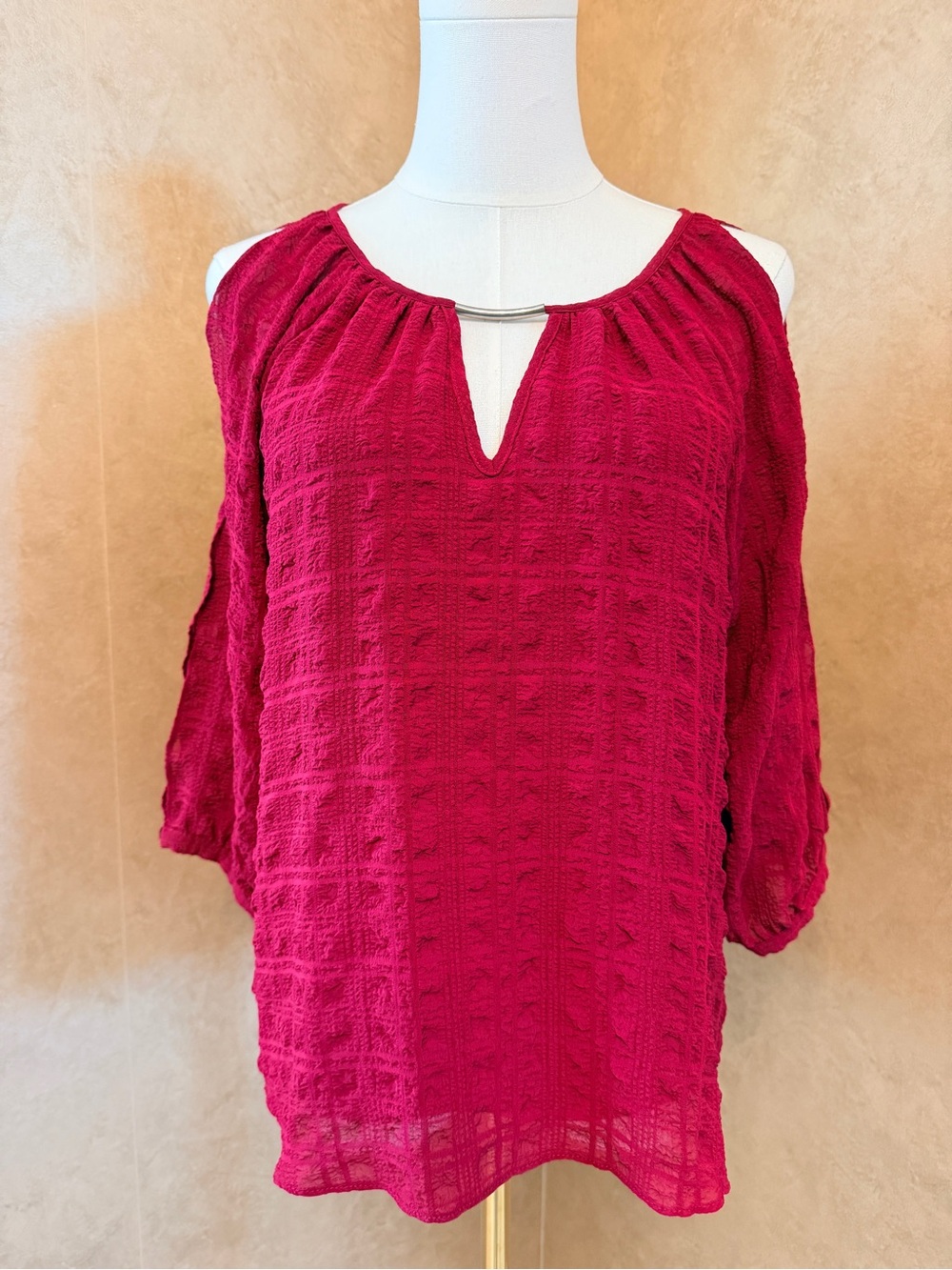A. Byer Burgundy Cold-Shoulder Split-Neck Tunic with Bar Accent